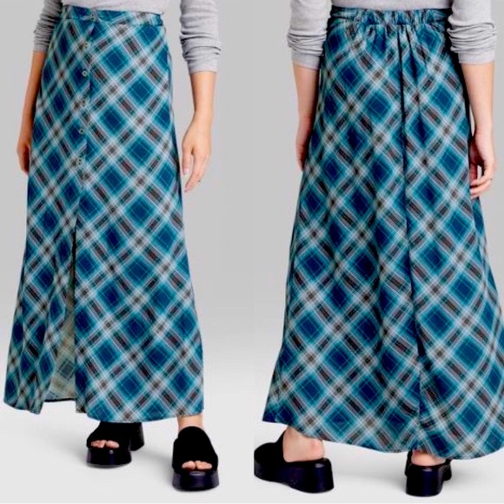 Wild Fable Button-Front Plaid Midi Skirt